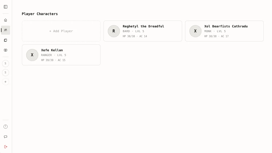 Hyggr Dungeon's Player Characters roster: an Add Player tile and party cards showing class, level, HP, and AC.