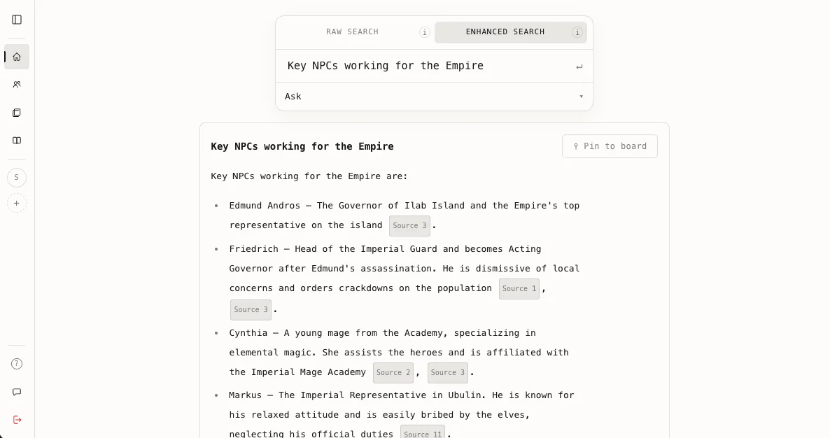 Hyggr Dungeon's enhanced search answering a query about key NPCs, with a sourced list and a Pin to board button.