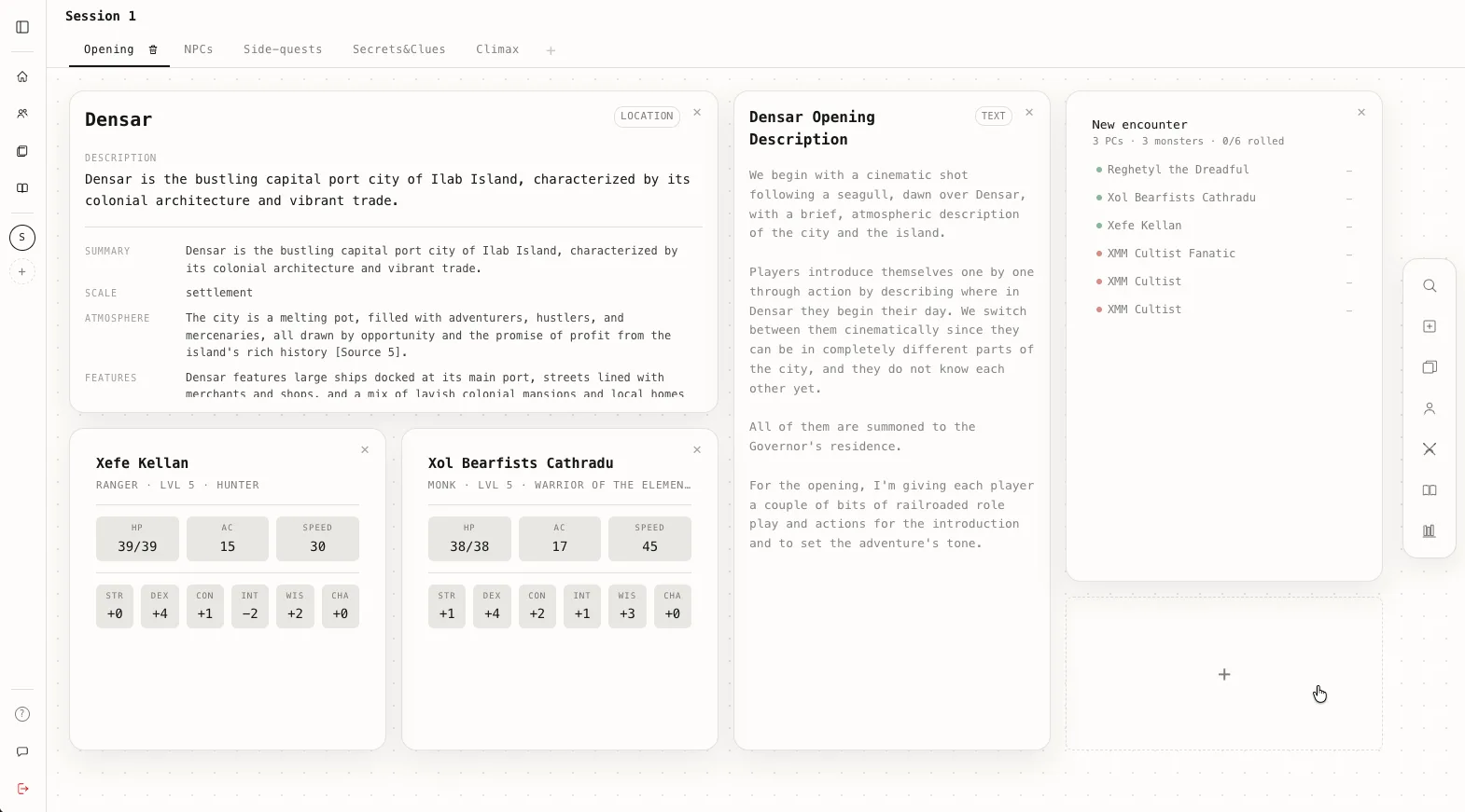 A live session in Hyggr Dungeon: the Densar location card, player stat cards, an opening read-aloud, and an encounter initiative tracker, all on one screen.